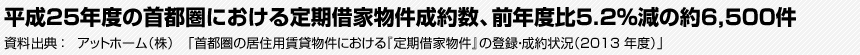 平成25年度の首都圏における定期借家物件成約数、前年度比5.2％減の約6,500件　資料出典：アットホーム（株）　「首都圏の居住用賃貸物件における『定期借家物件』の登録・成約状況（2013 年度）」