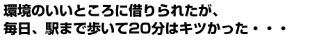 環境のいいところに借りられたが、毎日、駅まで歩いて20分はキツかった・・・